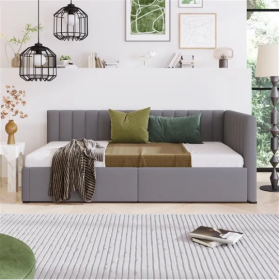 Upholstered Daybed With 2 Storage Drawers Twin Size Sofa Bed Frame No Box Spring Needed, Linen Fabric  Gray