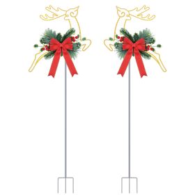 2Pcs Christmas Lighted Reindeer Decoration LED Pathway Stake Lights Battery Powered For Outdoor Garden Lawn Porch Front Door Patio Holiday Decor