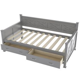Twin Size Daybed With 2 Drawers, X-Frame, Modern Rustic Style, Gray