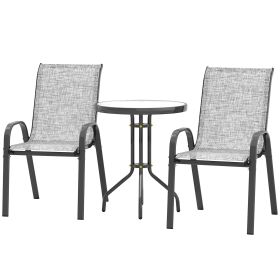 3 Pieces Bistro Set, Small Patio Furniture Set With Stackable Chairs And Glass Table For Backyard, Balcony, Gray