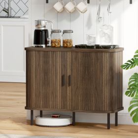 35.4 Sideboard Buffet Cabinet With Storage, Nordic Coffee Bar Cabinet With Slatted Tambour Doors And Metal Legs, Walnut