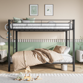 Metal Bunk Bed Twin Over Twin, Heavy Duty Twin Bunk Beds With Shelf And Slatted Support No Box Spring Needed Black