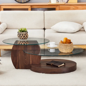 Modern Walnut Grain Double Layer Coffee Table - Versatile Design, Multiple Colors Available.Density Board Sticker,Reinforced Glass,Oval Countertop.