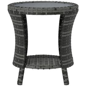 18 Wicker Outdoor Coffee Table, PE Rattan Patio Side Table With 2-Tier Storage, Composite Wood Top, Gray