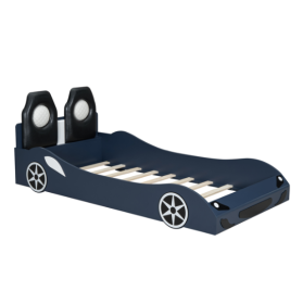 Wood Twin Size Race Car-Shaped Platform Bed With LED And Upholstered Backrest, Blue