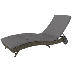 Patio Wicker Chaise Lounge Chair, Outdoor PE Rattan Sun Lounger With Adjustable Backrest And 2 Wheels, Gray