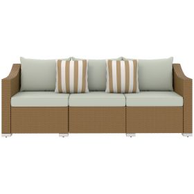 Rattan Wicker 3 Seater Patio Couch With Cushions, 2 Throw Pillows, Outdoor Furniture Rattan Sofa, Light Gray