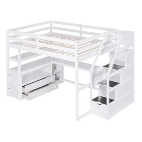 Full Size Loft Bed With Desk And Shelves, Two Built-in Drawers, Storage Staircase, White