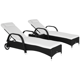 3 Piece Wicker Lounge Chair Set Outdoor Loungers With Armrests Cushion  Headrest  Side Table  Wheel  Black