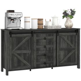 60 Buffet Cabinet, Farmhouse Sideboard With Sliding Barn Doors, Drawers And Adjustable Shelves, Distressed Dark Gray