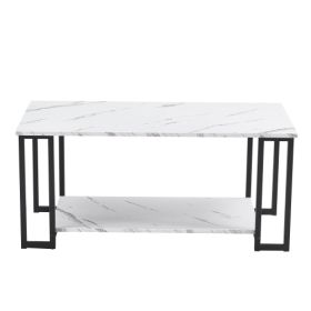 D&N Coffee Table, 2 Layers 1.5cm Thick Marble MDF Rectangle 39.37 L Tabletop Iron Coffee Table , Dining Room, Coffee Shop, Resterant, White Top, Black