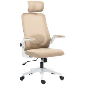 Mesh Office Chair, Ergonomic Desk Chair With Flip-up Armrest, Rotatable Headrest, Adjustable Lumbar Support, Khaki