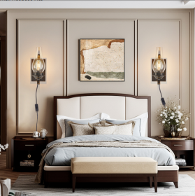 Only Supports Plug-in Rustic Farmhouse Wall Sconces Set Of 2, Vintage Industrial Plug-in Wall Lights With Clear Glass Shade, Black And Gold Finish For