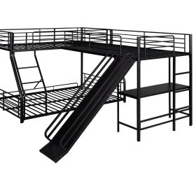 L-Shaped Twin Full Bunk Bed With Loft, Desk  Slide, Black