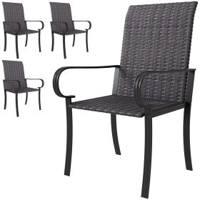 Set Of 4 Outdoor Wicker Dining Chairs With Armrest, Steel Frame, Highback And Deep Seating, Brown