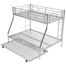 Twin Over Full Bunk Bed With Steel Frame, Trundle, Two-Side Ladders, Silver