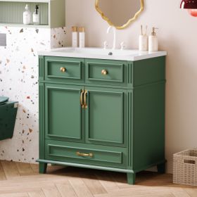 30'' Bathroom Vanity With Resin Sink, Solid Wood Frame Bathroom Storage Cabinet With Soft Closing Doors, Retro Style, Green