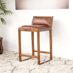 Gavin Mid-Century Modern 25'' Solid Wood Genuine Leather Counter Stool In Tan 31-Inch