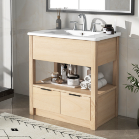 30 Bathroom Vanity With Sink Top, Bathroom Cabinet With Open Storage Shelf And Two Drawers, One Package, Natural