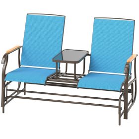 Outdoor 2-Person Glider Bench, Outside Glider Swing Chair Loveseat With Table, Steel Frame, Blue