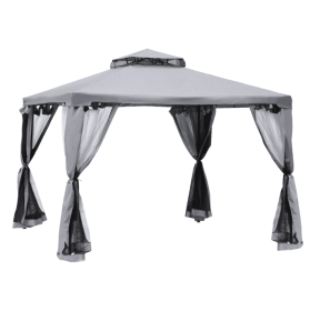 10' X 10' Gazebo Outdoor Canopy With Soft Top, Double Roof And Netting Walls, Steel Frame For Garden, Lawn, Backyard And Deck, Gray