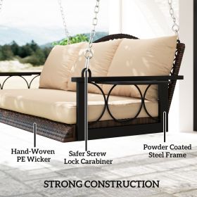3 Person Wicker Hanging Outdoor Patio Porch Swing Bench With Cup Holders, Cushions, And Chains, Brown