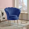 Angelina 34" Blue Velvet Scalloped Back Barrel Accent Chair with Metal Legs