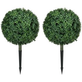 HOMCOM Artificial Boxwood Trees w/ Ground Stake, Set of 2 Ball Shaped Topiary Trees for Home Office & Living Room, UV Resistant