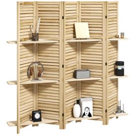 HOMCOM 5 Panel 67" Tall Wood Privacy Screen Room Divider with 3 Shelves and Folding Storage for Bedroom, Natural Wood