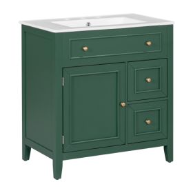 30 Bathroom Vanity With Sink Top, Bathroom Vanity Cabinet With Door And Two Drawers, Solid Wood Frame, One Package, Green