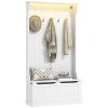 HOMCOM 3-In-1 Entryway Bench with LED Lights and Coat Rack, Hall Tree with Bench and Shoe Storage, 5 Hooks for Hallway White
