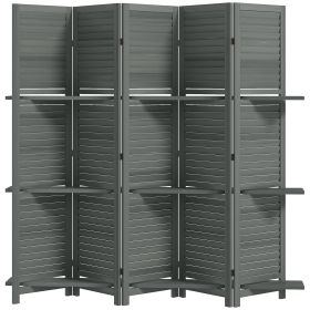 5 Panel 67 Tall Wood Privacy Screen Room Divider With 3 Shelves And Folding Storage For Bedroom, Gray
