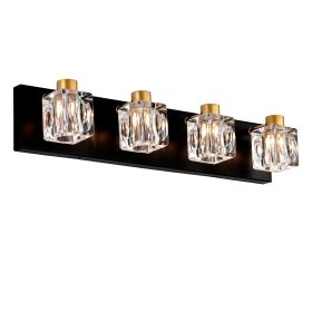 4-Light Matte Black Gold Bathroom Light Fixtures, Modern Vanity Lights With Crystal Glass Shade, Vintage Light Fixture Bathroom Over Mirror Wall Light