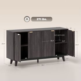 Fluted Sideboard Buffet Cabinet, 55 Coffee Bar Cabinet With 4 Doors, 2 Adjustable Shelves, 5 Wood Legs, Dark Gray