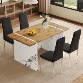 Table And Chair Set.Natural Wood Grain MDF Dining Table - 55x31.5 Inch.Paired With 4 Modern Style Dining Chairs In Black, Essential For Minimalist Hom