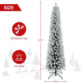 5FT 6FT 7FT Pre-Lit Flocked Pencil Christmas Tree, Artificial Fir Snow Slim Skinny Christmas Tree For Home, Office, Party Decoration WITH Branch Tips (Option: 5ft)