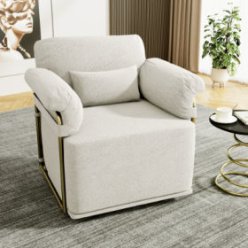 360 Degree Square Swivel Accent Sofa Chair,Fluffy Fabric Lounge Wide Upholstered Reading Chair With Gold Metal Legs, Comfortable Armchair For Living R (Color: Beige)