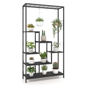 6-Tier Tall Plant Stand 71 Inch Metal Indoor Plant Shelf With 10 Hanging Hooks (Color: Black)