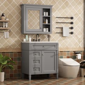30'' Bathroom Vanity With Top Sink, Modern Bathroom Storage Cabinet With 2 Drawers And A Tip-out Drawer, Freestanding Vanity Set With Mirror Cabinet, (Color: Grey)