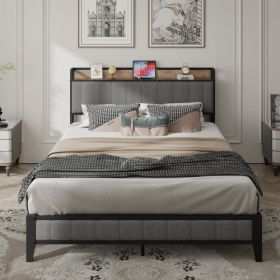 Queen Size Bed Frame With Charging Station, Upholstered Headboard, Metal Platform, Grey (Option: Dark Gray)