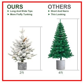 2FT 3FT 4.5FT 6.5FT Pre-lit Potted Flocked Christmas Tree, Snow Frosted Mini Tabletop Artificial Christmas Tree With LED Lights And PE & PVC Branch Ti (Option: 2ft)
