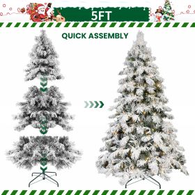 5FT 6FT 7FT 8FT Prelit Flocked Christmas Tree With Light, Snowy Pine Design, Warm White LED Lights, Hinged Branches, Metal Stand, Realistic Artificial (Option: 5ft)