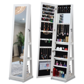 Full Length Mirror 360 Swivel Jewelry Cabinet (Color: White)